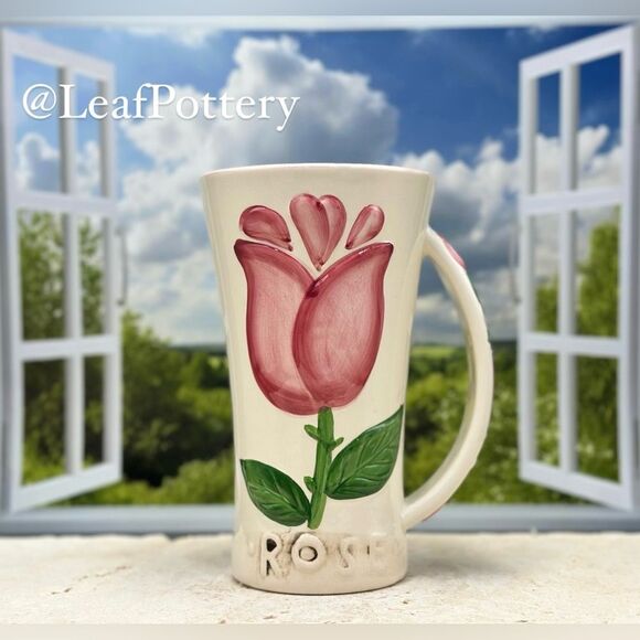 Vintage Handcrafted Rose Floral White/Pink/Green Ceramic Mug Vase - Picture 1 of 8
